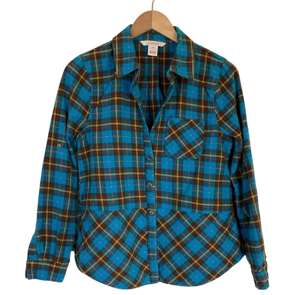 Sundance Catalog Womens Sweet Sally Plaid Flannel Size‎ M Blue Peplum